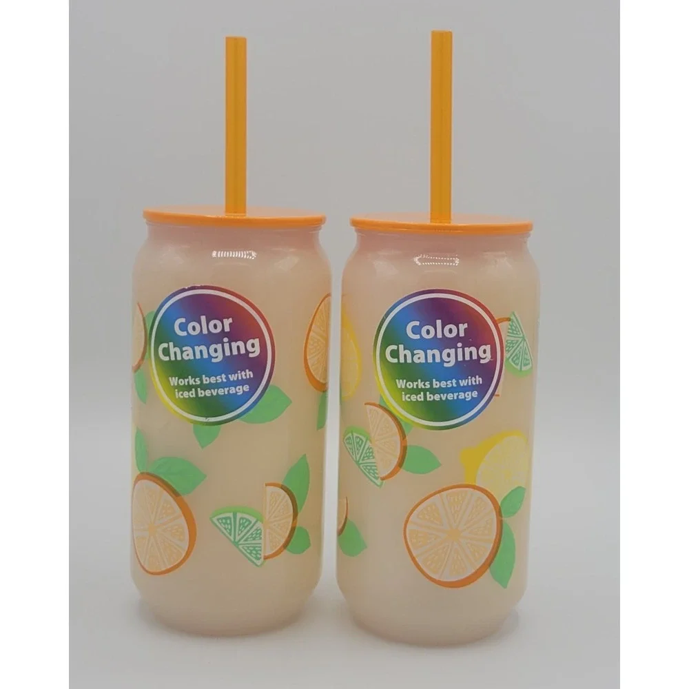 NEW Set Of 2 - 20oz Color Changing Tumbler Lid Straw Orange Summer Fruit